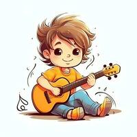 linda chico jugando guitarra y escuchando a música con auriculares en dibujos animados estilo. juventud día o música día concepto por ai generado foto