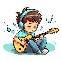 linda chico jugando guitarra y escuchando a música con auriculares en dibujos animados estilo. juventud día o música día concepto por ai generado foto