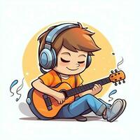 linda chico jugando guitarra y escuchando a música con auriculares en dibujos animados estilo. juventud día o música día concepto por ai generado foto