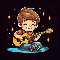 Cute boy playing guitar and listening to music with headset in cartoon style. Youth day or music day concept by AI Generated photo