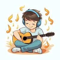 Cute boy playing guitar and listening to music with headset in cartoon style. Youth day or music day concept by AI Generated photo