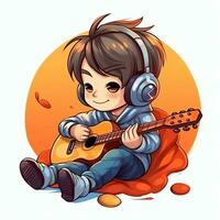 Cute boy playing guitar and listening to music with headset in cartoon style. Youth day or music day concept by AI Generated photo