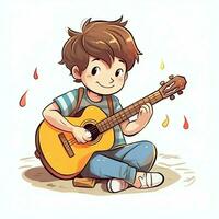 Cute boy playing guitar and listening to music with headset in cartoon style. Youth day or music day concept by AI Generated photo