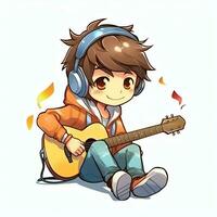 Cute boy playing guitar and listening to music with headset in cartoon style. Youth day or music day concept by AI Generated photo