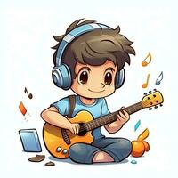 linda chico jugando guitarra y escuchando a música con auriculares en dibujos animados estilo. juventud día o música día concepto por ai generado foto