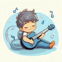 Cute boy playing guitar and listening to music with headset in cartoon style. Youth day or music day concept by AI Generated photo