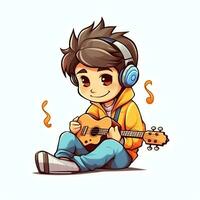 Cute boy playing guitar and listening to music with headset in cartoon style. Youth day or music day concept by AI Generated photo