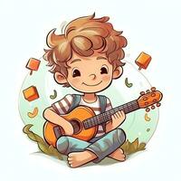 linda chico jugando guitarra y escuchando a música con auriculares en dibujos animados estilo. juventud día o música día concepto por ai generado foto