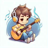 Cute boy playing guitar and listening to music with headset in cartoon style. Youth day or music day concept by AI Generated photo