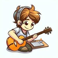 Cute boy playing guitar and listening to music with headset in cartoon style. Youth day or music day concept by AI Generated photo