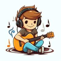 Cute boy playing guitar and listening to music with headset in cartoon style. Youth day or music day concept by AI Generated photo