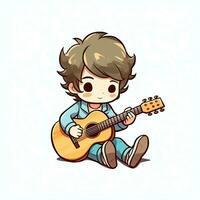 Cute boy playing guitar and listening to music with headset in cartoon style. Youth day or music day concept by AI Generated photo