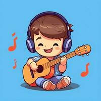 linda chico jugando guitarra y escuchando a música con auriculares en dibujos animados estilo. juventud día o música día concepto por ai generado foto