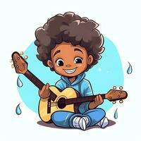 Cute boy playing guitar and listening to music with headset in cartoon style. Youth day or music day concept by AI Generated photo