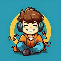 Cute boy playing guitar and listening to music with headset in cartoon style. Youth day or music day concept by AI Generated photo