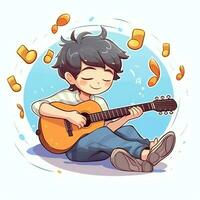 Cute boy playing guitar and listening to music with headset in cartoon style. Youth day or music day concept by AI Generated photo