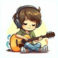 Cute boy playing guitar and listening to music with headset in cartoon style. Youth day or music day concept by AI Generated photo