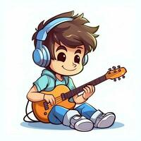 linda chico jugando guitarra y escuchando a música con auriculares en dibujos animados estilo. juventud día o música día concepto por ai generado foto