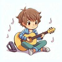 linda chico jugando guitarra y escuchando a música con auriculares en dibujos animados estilo. juventud día o música día concepto por ai generado foto