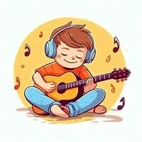 linda chico jugando guitarra y escuchando a música con auriculares en dibujos animados estilo. juventud día o música día concepto por ai generado foto