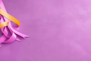 Pink or purple ribbon as breast cancer or epilepsy awareness symbol and copy space. World cancer day concept by AI Generated photo