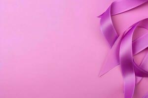 Pink or purple ribbon as breast cancer or epilepsy awareness symbol and copy space. World cancer day concept by AI Generated photo