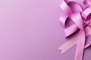 Pink or purple ribbon as breast cancer or epilepsy awareness symbol and copy space. World cancer day concept by AI Generated photo