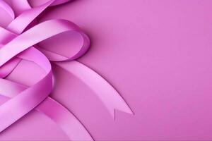 Pink or purple ribbon as breast cancer or epilepsy awareness symbol and copy space. World cancer day concept by AI Generated photo