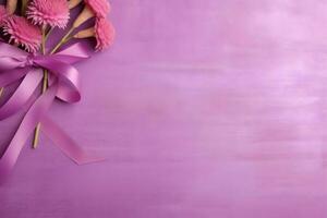 Pink or purple ribbon as breast cancer or epilepsy awareness symbol and copy space. World cancer day concept by AI Generated photo