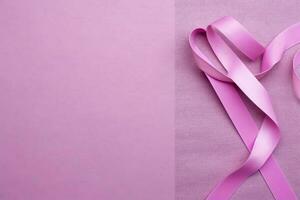 Pink or purple ribbon as breast cancer or epilepsy awareness symbol and copy space. World cancer day concept by AI Generated photo