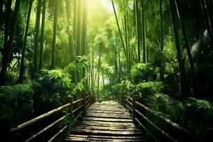 View of botanical green bamboo tropical forest in daylight. Oriental bamboo grove in china japanese concept by AI Generated photo