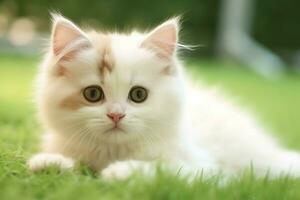 Cute small fluffy kitten with beautiful eyes is sitting or resting. British shorthair. Cat day concept by AI Generated photo