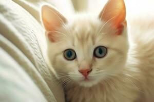 linda pequeño mullido gatito con hermosa ojos es sentado o descansando británico cabello corto. gato día concepto por ai generado foto