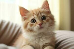 linda pequeño mullido gatito con hermosa ojos es sentado o descansando británico cabello corto. gato día concepto por ai generado foto