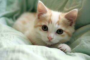 linda pequeño mullido gatito con hermosa ojos es sentado o descansando británico cabello corto. gato día concepto por ai generado foto