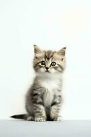 Cute small fluffy kitten with beautiful eyes is sitting or resting. British shorthair. Cat day concept by AI Generated photo