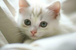 linda pequeño mullido gatito con hermosa ojos es sentado o descansando británico cabello corto. gato día concepto por ai generado foto