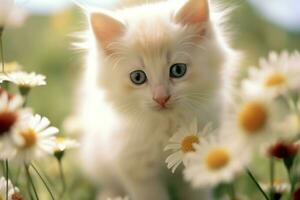 linda pequeño mullido gatito con hermosa ojos es sentado o descansando británico cabello corto. gato día concepto por ai generado foto