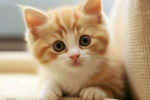 linda pequeño mullido gatito con hermosa ojos es sentado o descansando británico cabello corto. gato día concepto por ai generado foto