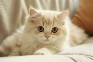 linda pequeño mullido gatito con hermosa ojos es sentado o descansando británico cabello corto. gato día concepto por ai generado foto