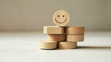 A wooden block label with happy smile relax face good feedback customer. World mental health day concept by AI Generated photo