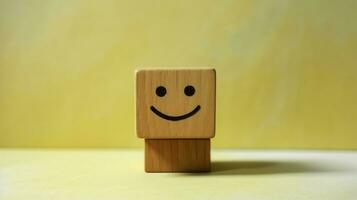 A wooden block label with happy smile relax face good feedback customer. World mental health day concept by AI Generated photo