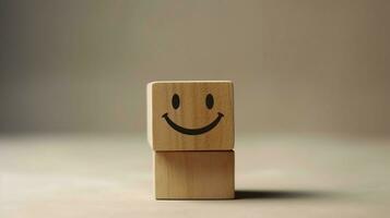 A wooden block label with happy smile relax face good feedback customer. World mental health day concept by AI Generated photo