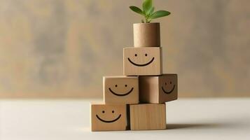 A wooden block label with happy smile relax face good feedback customer. World mental health day concept by AI Generated photo