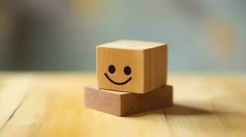 A wooden block label with happy smile relax face good feedback customer. World mental health day concept by AI Generated photo