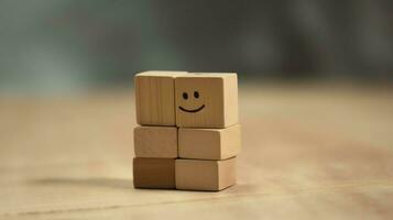 A wooden block label with happy smile relax face good feedback customer. World mental health day concept by AI Generated photo