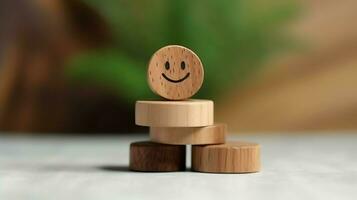 A wooden block label with happy smile relax face good feedback customer. World mental health day concept by AI Generated photo