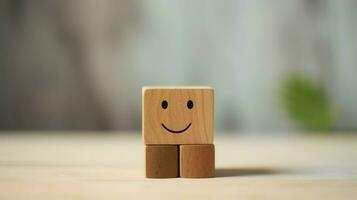 A wooden block label with happy smile relax face good feedback customer. World mental health day concept by AI Generated photo