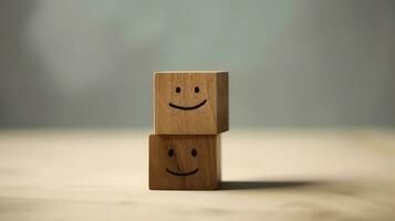 A wooden block label with happy smile relax face good feedback customer. World mental health day concept by AI Generated photo