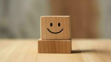 A wooden block label with happy smile relax face good feedback customer. World mental health day concept by AI Generated photo